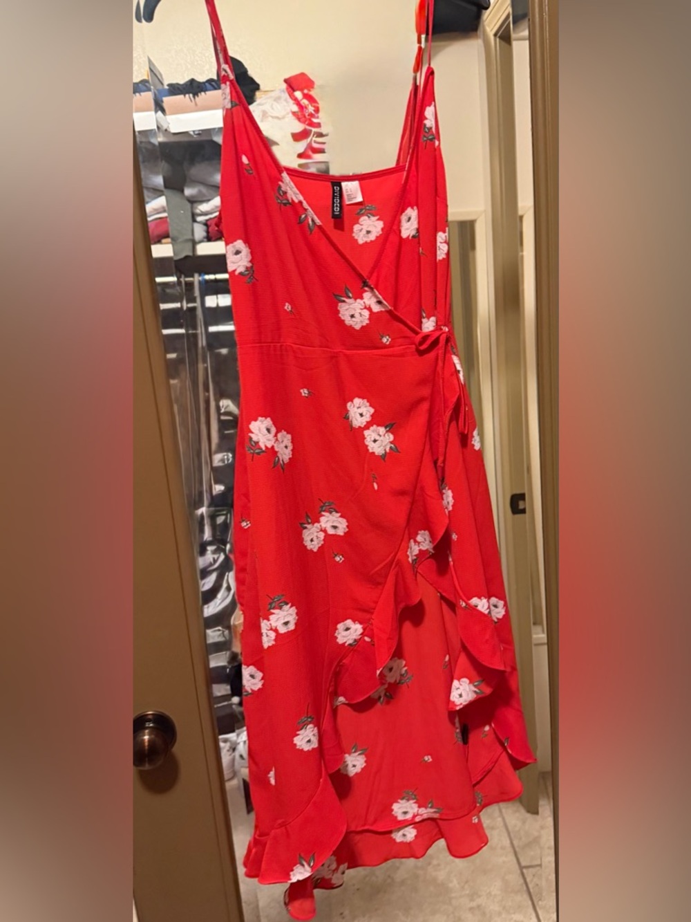 Red Floral Wrap Dress with Pink Flowers